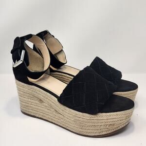 Marc Fisher Women Vixta Black Leather Espadrille Wedge Sandal Size 9.5 M Ankle